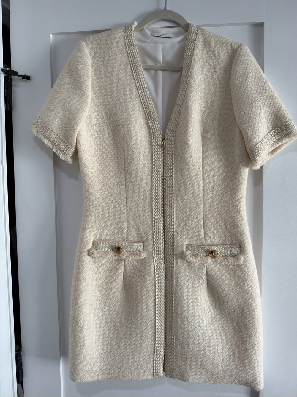 Sandro Cream Tweed Mini Dress with Gold-Tone Buttons